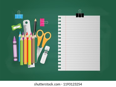 Blank note paper with school supplies on chalkboard, Back to school concept. Vector illustration