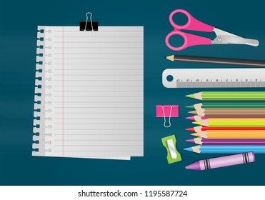 Blank note paper with school supplies on chalkboard. Vector illustration