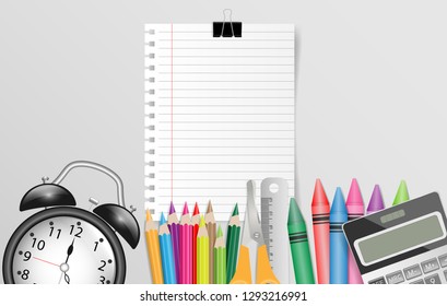 Blank note paper with school supplies on gray background. Vector illustration