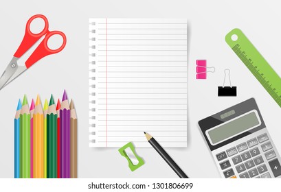 Blank note paper with school supplies on gray background. Vector illustration