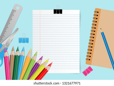 Blank note paper with school supplies on green background. Vector illustration