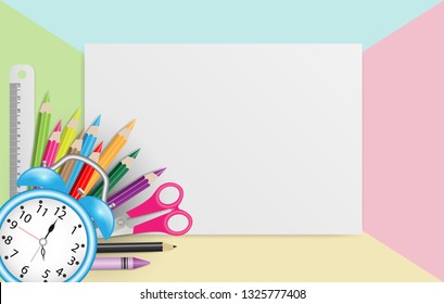 Blank note paper with school supplies on pastel color background. Vector illustration