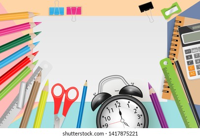 Blank note paper with school supplies on pastel color background. Vector illustration