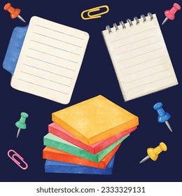 Blank note paper and sticky notes and pins watercolor style vector set, office and school memo supplies and elements 