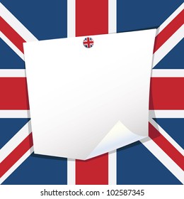 blank note paper with uk pin on union jack background