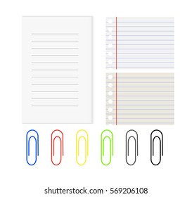 Blank note papers and colorful paper clips isolated on white background. Office supplies.