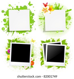 Blank Note Papers And Photos With Green Blot, Vector Illustration