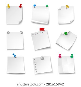 Blank note papers pinned with pushpins realistic set isolated vector illustration