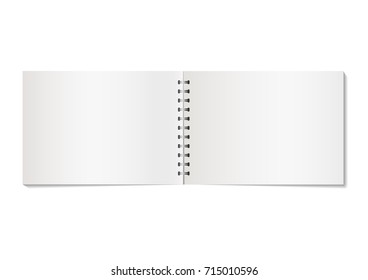 Blank notebook with clipping path isolated on white background. Vector realistic open notebook. Mock up of blank copybook with metallic silver spiral. Template of organizer or diary.