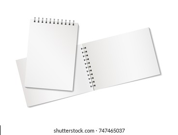Blank notebook with clipping path isolated on white background. Vector realistic closed notebook. Mock up of blank copybook with metallic silver spiral. Template of organizer or diary.