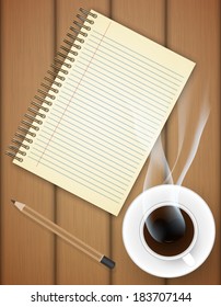 Blank notebook with coffee cup on table- Vector