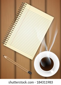 Blank notebook with coffee cup on table- Vector