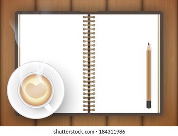 Blank notebook with coffee cup on table- Vector