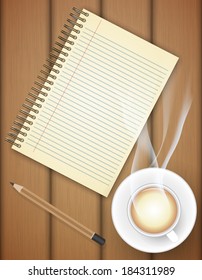 Blank notebook with coffee cup on table- Vector