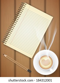 Blank notebook with coffee cup on table- Vector