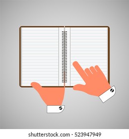 Blank notebook, diary in hand with a finger. Vector illustration