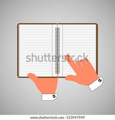 Blank notebook, diary in hand with a finger. Vector illustration