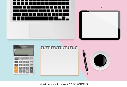 ฺWorkplace with blank notebook, digital tablet, pen, calculator, coffee cup and laptop computer on pastel color background, flat lay, Top view. Vector illustrator 