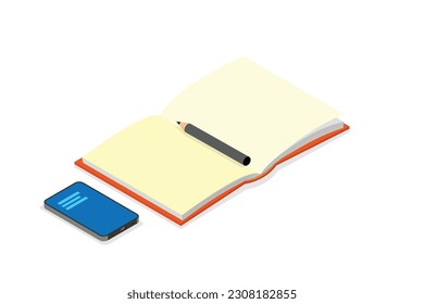 A blank notebook with a mobile icon illustration is a combination of traditional and digital elements. The notebook, typically made of paper, represents a physical medium for writing, drawing.