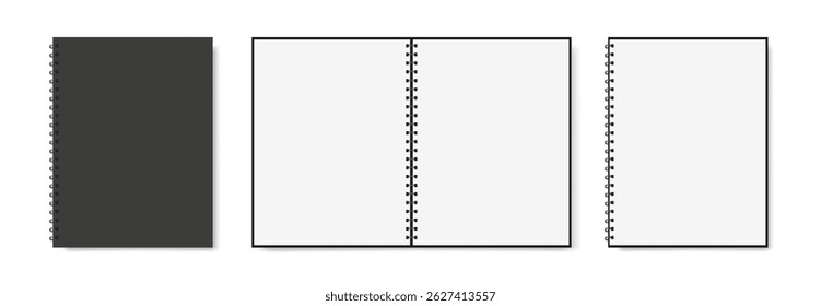 blank notebook mockup with metal spirals with black cover, place for text, in closed and openend view, white background