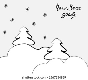 A blank notebook page with black and white christmas trees and snowflakes on a light background. Festive design. EPS10 vector illustration