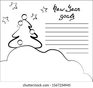 A blank notebook page with black and white christmas trees and stars on a light background. Goals for 2020. Christmas, New Year's concept. EPS10 vector illustration