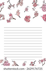 Página do Bloco de Anotações em Branco. Flor de cereja Fundo de flor de sakura rosa. Floração de flor de cerejeira. Ramo de flor de cereja com flor de sakura. Sakura sobre fundo branco.