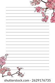 Blank Notebook Page. Cherry blossom Pink sakura flower background. Cherry blossom flower blooming. Cherry blossom branch with sakura flower. Sakura on white background.