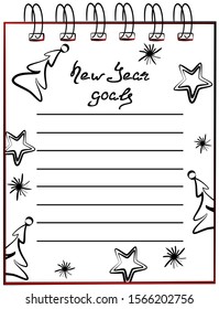 A blank notebook page with christmas trees, snowflakes and stars on a white background. Goals for 2020. Christmas, New Year's concept. EPS10 vector illustration