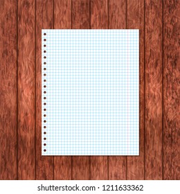 Blank notebook page on dark brown wood background. Checkered paper sheet on wooden deck surface. Stationery for education or office. Torn cell paper. Realistic workplace top view vector illustration.