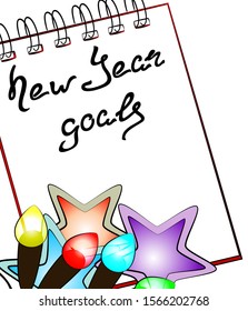 A blank notebook page on a white background next to garland and stars. Goals for 2020. Christmas, New Year's concept. EPS10 vector illustration