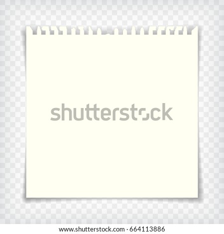 Blank notebook page with torn edge. Notepaper mock up. Graphic design element for text, advertisement, doodle, sketch, scrapbooking. Empty paper pulled out of sketchbook. Realistic vector illustration