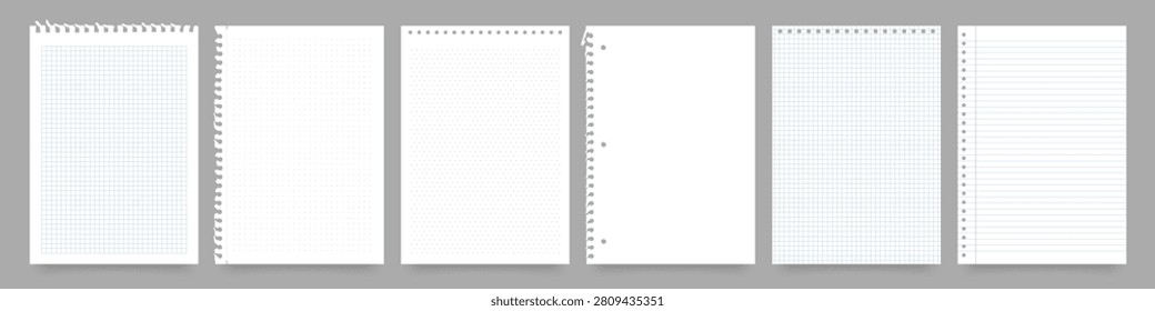 Blank notebook pages with grid patterns, lined and checkered white paper sheets. Empty A4 document page, line or dot torn paper sheet, isometric dotted page, geometric grid journal mockup vector set