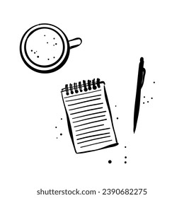 A blank notebook, pen and coffee flat lay sketch. To do list Planning Hand drawn vector line illustration doodle. 