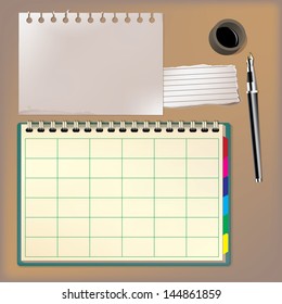 Blank notebook and pen vector illustration.