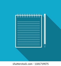 Blank notebook and pencil with eraser icon isolated with long shadow. Flat design. Vector Illustration
