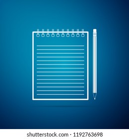 Blank notebook and pencil with eraser icon isolated on blue background. Flat design. Vector Illustration