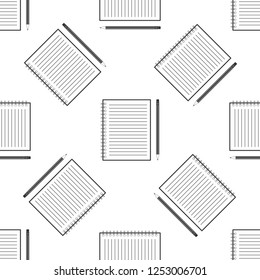 Blank notebook and pencil with eraser icon seamless pattern on white background. Flat design. Vector Illustration