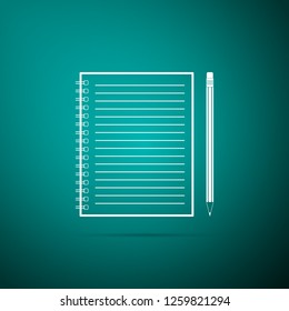 Blank notebook and pencil with eraser icon isolated on green background. Flat design. Vector Illustration