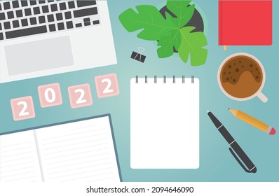 blank notebook ready for new 2022 year resolutions, goals on office desk, flat lay composition - vector illustration