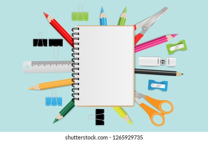 Blank notebook with school supplies on mint green background. Vector illustration