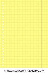 Blank notebook sheet with margins and yellow squares with holes for stitching For planner, school, print A5 Checkered pattern Papers homework and exercises Vertical editable mockup Vector background
