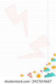 Blank notebook sheet for writing with colored weather icons with space for text. Blank sheet for to-do list. Flat vector illustration