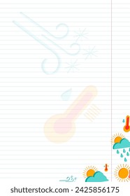 Blank notebook sheet for writing with colored isometric weather icons with space for text. A blank slate for your to-do list. Flat vector illustration