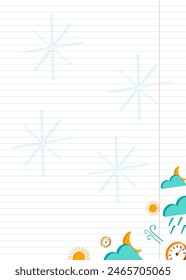 Blank notebook sheet for writing with colored isometric weather icons with space for text. A blank slate for your to-do list. Flat vector illustration