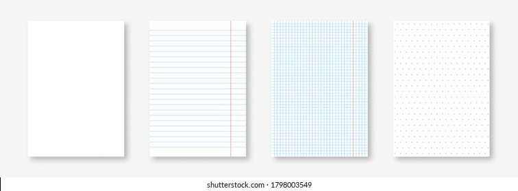 Blank notebook sheets, lined, squared and dotted. Realistic paper sheet, notepad page and copybook page. Vector