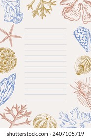 Blank notebook sheets with seashells and corals drawings. Border design template, summertime illustration banner