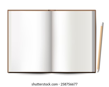 blank notebook spread with pencil on white background 