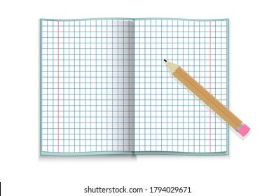 A blank notebook for teaching at school, unfolded and lying horizontally. Pencil with an eraser on a white background.
 Getting an education at school. Vector image.