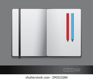Blank notebook template with bookmark and pens - Vector illustration.